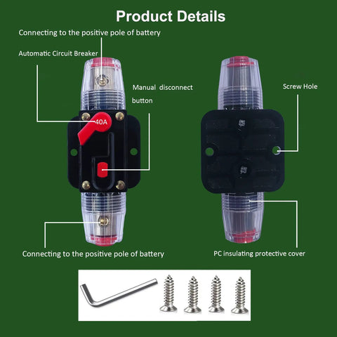 50 Amp Manual Reset Waterproof Inline Circuit Breaker for 12-48V DC systems, with hex tool and screws, front and back view