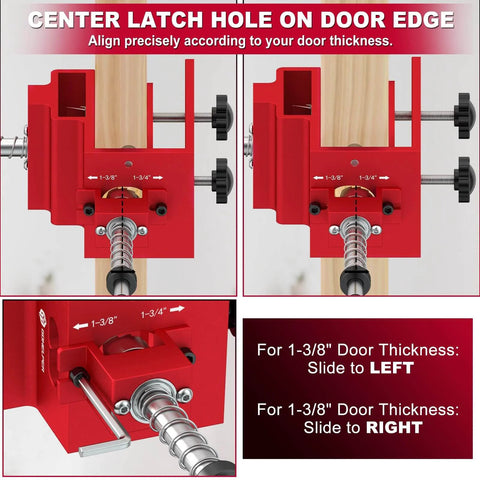 DIY Friendly Heavy Duty Door Lock Installation Kit with red aluminum jig and adjustable clamps fitting various door thicknesses