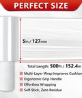 5 Inch X 492 Ft Stretch Roll Handle, Self Adhesive Shrink Film for Packing Moving Storage, clear wrap with measurements.