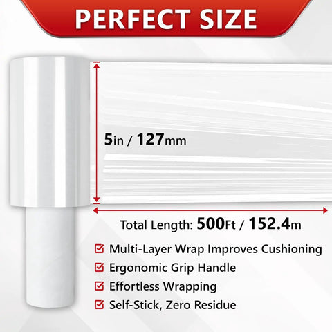5 Inch X 492 Ft Stretch Roll Handle, Self Adhesive Shrink Film for Packing Moving Storage, clear wrap with measurements.