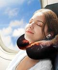 Woman using U Shaped Travel Neck Pillow For Long Haul Flights And Commutes, Premium Napping Support For Head And Neck on airplane