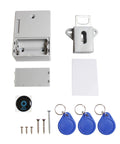 Rfid Electronic Cabinet Lock For Wooden Drawers And Cupboards Gray components including lock, keys, and installation screws laid out.