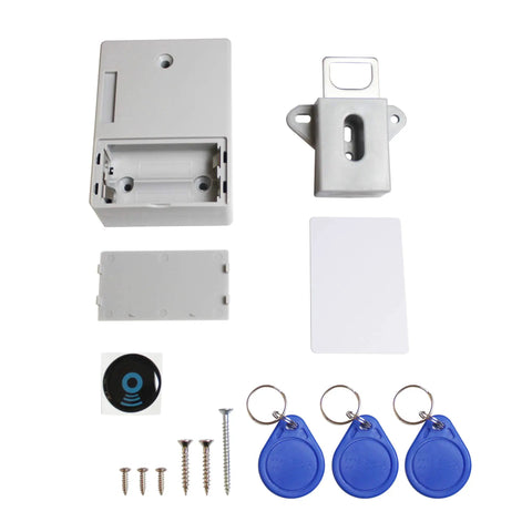Rfid Electronic Cabinet Lock For Wooden Drawers And Cupboards Gray components including lock, keys, and installation screws laid out.