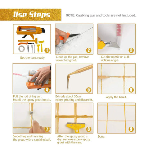 Step-by-step guide to using Epoxy Grout Glittering Gold Dual Tubes Waterproof Tile Grout 19oz 400ml in kitchens and bathrooms.