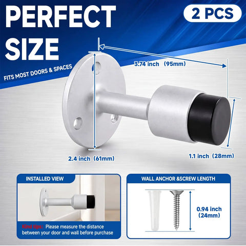 Heavy Duty Aluminum Wall Mounted Door Stop 2 Pack With Sound Dampening Rubber Bumpers and mounting dimensions