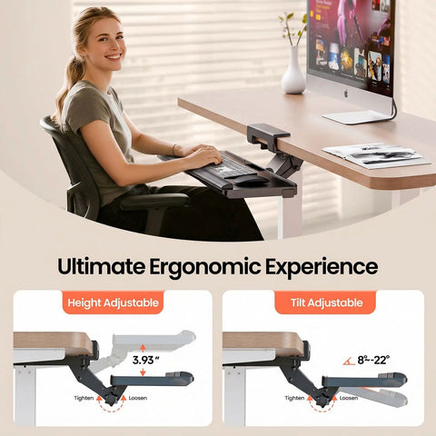 Person using Ergonomic Under Desk Keyboard Tray With Sliding Platform And Built In Wrist Rest Storage Drawer And Easy Glide Mount For Home Office And Gaming Setups Fully Adjustable Keyboard Stand 24.4 Inches Wide, shown in height and tilt adjustable modes.