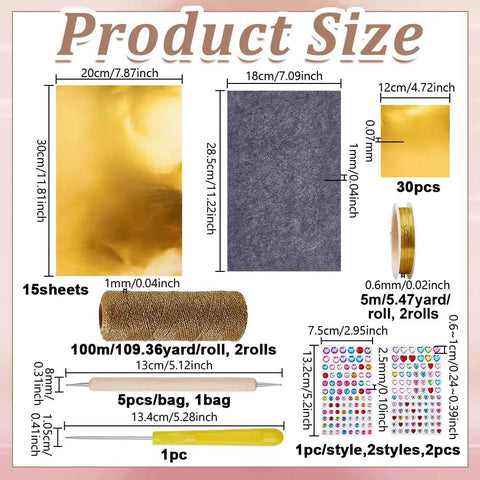 Product sizes for Metal Sheet Embossing Kit For Tin Foil Art And Embellished Designs, including felt, gold tin foil, and tools measurements.