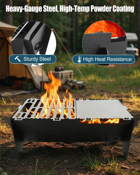 Portable Folding Charcoal Grill With Griddle Surface, Grate And Wire Mesh For Outdoor Grilling Sessions, compact and fired up