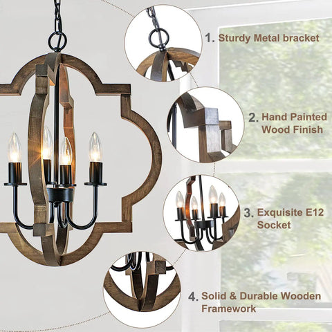 Farmhouse Wood Orb Chandelier With Four Lights, Rustic Pendant Lighting, sturdy metal bracket, handcrafted wood finish