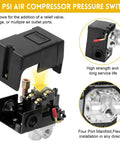 Air Compressor Pressure Switch With Adjustable Unloader And Relief Valve Preset 135 to 175 psi Four Port 26 Amp 220V Built In On Off Lever, showing four port manifold and relief valve.