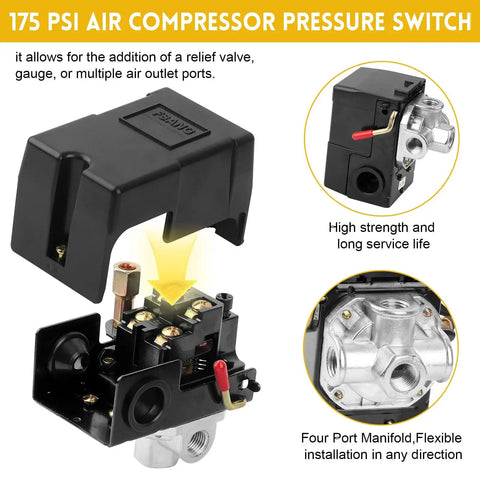 Air Compressor Pressure Switch With Adjustable Unloader And Relief Valve Preset 135 to 175 psi Four Port 26 Amp 220V Built In On Off Lever, showing four port manifold and relief valve.