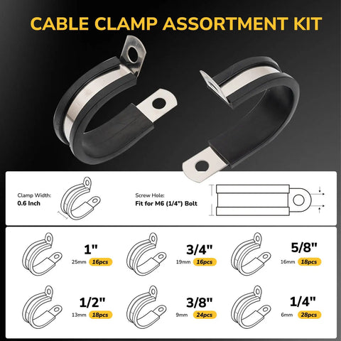 120 Pack Cable Clamp Set With Rubber Cushioned Stainless Steel Conduit Clamps In Six Sizes featuring clamp dimensions