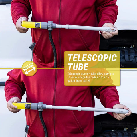 Telescopic Electric Liquid Transfer Pump With Flow Control Nozzle Delivers Up To 2.9 Gallons Per Minute Great For Gas, Diesel And Watering Tasks Dual Trigger Positions For Precise Control And Easy Use. Telescopic suction tube shown in red jacket hands