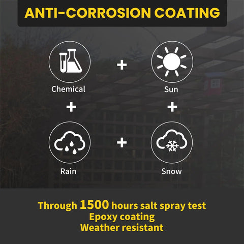 1 Inch Deck Screws Size 8 310 PC Epoxy Coated infographic showing chemical, sun, rain, snow resistance and 1500 hour salt spray test