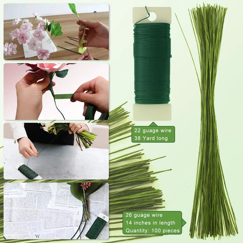 DIY Floral Arrangement Kit With Green Floral Tape And Floral Wire, Wire Cutter Tools, Boutonniere Pin, And Stem Wrap Supplies For Bouquets And Wreaths displayed with green wire and floral tape in use