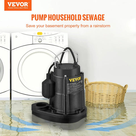 Beefy Half HP Submersible Sewage Pump With 4320 GPH Flow for indoor and outdoor drainage in flooded laundry area.