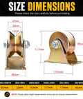 Heavy Duty 4 Inch V Groove Caster Wheel Set For Square Metal Tracks Packing Serious 1765 Lb Capacity Per Wheel Rust Proof Galvanized Steel Pulleys 2 Pack size dimensions chart with measurements.