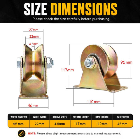 Heavy Duty 4 Inch V Groove Caster Wheel Set For Square Metal Tracks Packing Serious 1765 Lb Capacity Per Wheel Rust Proof Galvanized Steel Pulleys 2 Pack size dimensions chart with measurements.