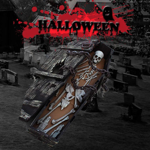 28 Piece Skeleton Bones And Skull Set For Halloween Decor Spooky Graveyard Ground Props with open coffin display in graveyard
