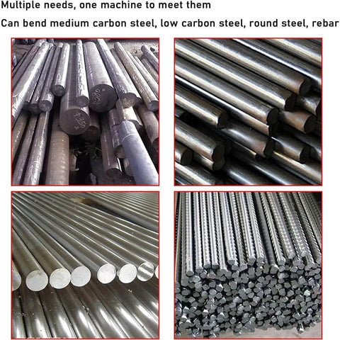 MXJCKSOQ Hydraulic Steel Bar Bending Machine 1200W Electric Portable Rebar Bender Handheld Straightener displays various steel bars.