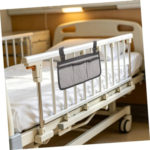 Bed Rail Organizer With Four Pockets And Cup Holder, Hanging Bedside Storage Caddy In Gray Fabric For Caregivers And Hospital Use