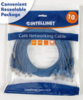 Slim Cat6 Ethernet Patch Cable 3Ft 10 Pack Blue With Snagless Boots 30AWG Bare Copper Wire Gold Plated Contacts visible in package