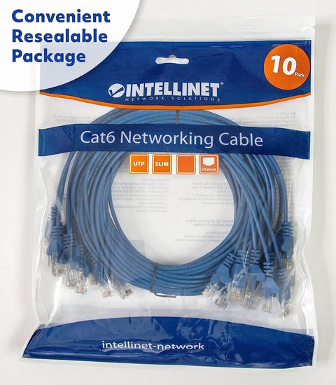 Slim Cat6 Ethernet Patch Cable 3Ft 10 Pack Blue With Snagless Boots 30AWG Bare Copper Wire Gold Plated Contacts visible in package