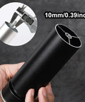 Close-up of a black adjustable aluminum leg with M10 threading, part of the 6 Pack Adjustable Aluminum Furniture Legs M10 Threaded Replacement Feet For Table Couch Sofa Cabinet Dresser Washing Machine Beefy Heavy Duty Height Adjustable Durable Tubular Legs.