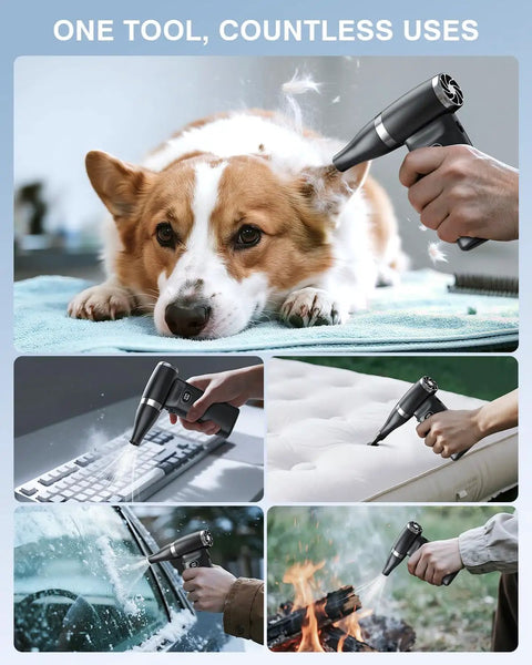 Cordless Air Duster With 60 MPH Wind Power Portable Mini Blower used for cleaning dog fur, keyboards, seats, glass, and wood.