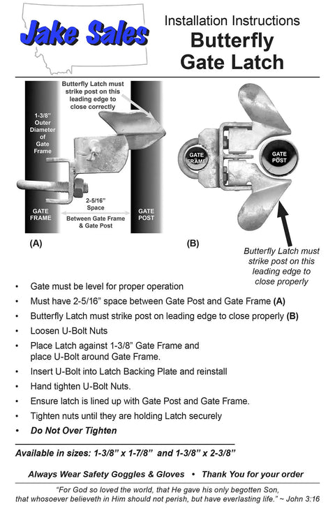 Butterfly Chain Link Fence Gate Latch with installation instructions for 1-3/8" gate frames and 2-3/8" gate posts, galvanized.