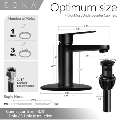 Brass Matte Black Bathroom Faucet With No Fuss Pop Up Drain And Deck Plate For 1 Or 3 Hole Install Single Handle RV Style Built Tough Durable Lead Free Brass With Ceramic Disc Cartridge Rust Resistant Modern Bath Fixture