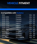 Vehicle fitment chart for Subaru Forester, Impreza, Legacy, Outback, XV Crosstrek models listed by year and engine size.