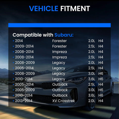 Vehicle fitment chart for Subaru Forester, Impreza, Legacy, Outback, XV Crosstrek models listed by year and engine size.
