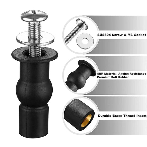 Rust Resistant Universal Toilet Seat Bolts And Nuts Kit With Brass Thread Inserts, stainless bolt, black rubber nut, gasket detail