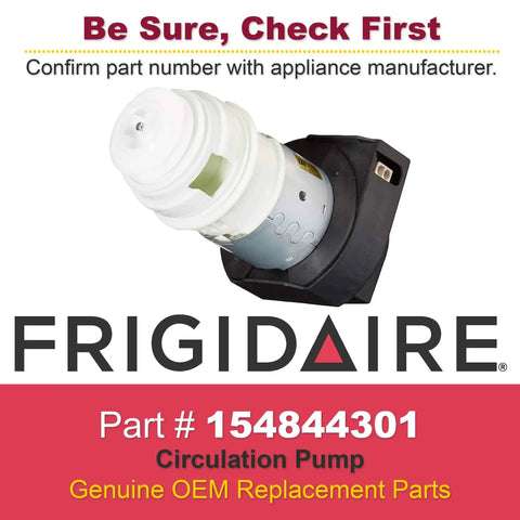 OEM Replacement Motor Kit 154844301 for Fridge Units, white pump with black base on packaging