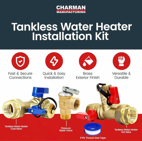 Three Quarter Inch Tankless Water Heater Flush Kit With Isolation Valves And Pressure Relief Valve, includes hot, cold valves, PTFE seal tape