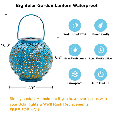 Teal Blue Solar Lantern Outdoor Garden Light 7.9 Inch Waterproof Metal Table Lamp Auto On Off For Patio Yard Decor