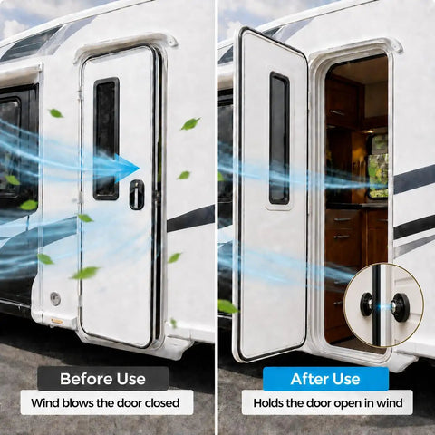 Before and after use of RV Magnetic Door Catch With Adhesive And Screw Mounting, showing door stability in wind.