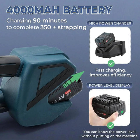 Heavy Duty Electric Strapping Tool With Portable Battery Powered Packaging Machine And Lcd Screen Featuring 4000Mah Capacity battery and charger
