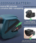 Fully Automatic Handheld Electric Strapping Machine With Bright Lcd Screen For Seamless Pp Pet Strap Welding No Tapes Needed Effortless Friction Heat Process Ideal For Heavy Duty Packaging And Moving Day Needs showing the 4000mAh battery, power level display, and high power charger.