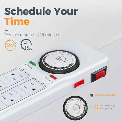No Fuss Heavy Duty Mechanical Timer Surge Protector Power Strip With Eight Outlets And Four Always On Plugs For Daily Household Scheduling Plus Four Foot Extension Cord indoors showing timer dial and toggle switches.