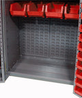 Interior view of Built Tough Heavy Duty Storage Cabinet With 132 Red Plastic Parts Organizer Bins, showing red bins and gray shelves.