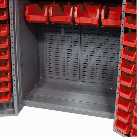 Interior view of Built Tough Heavy Duty Storage Cabinet With 132 Red Plastic Parts Organizer Bins, showing red bins and gray shelves.