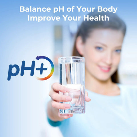 Woman holding glass of water with pH+ symbol, promoting Alkaline Water Filter Replacement For Your Go To Rechargeable Electric Pitcher.