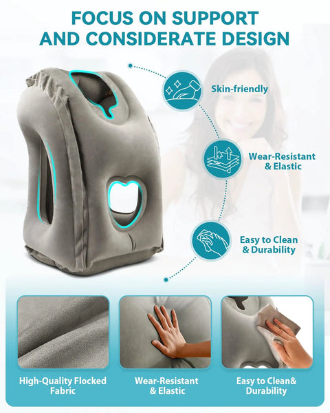 Inflatable Travel Neck Pillow For Airplanes Trains And Cars With Ergonomic 45 Degree Support For Head And Chin And Upper Body Cozy Comfort On Tray Tables Grey shown with features and design details.
