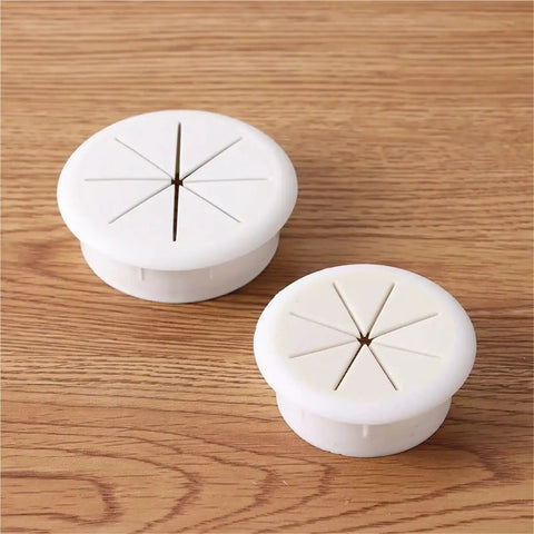 20 Pack Heavy Duty Desk Cable Grommets Kit For Cord Hole Covers With Flexible Rubber Inner Rings To Keep Wires Neat And Secure At Workstations. White plastic cable grommets on wood desk, 50mm