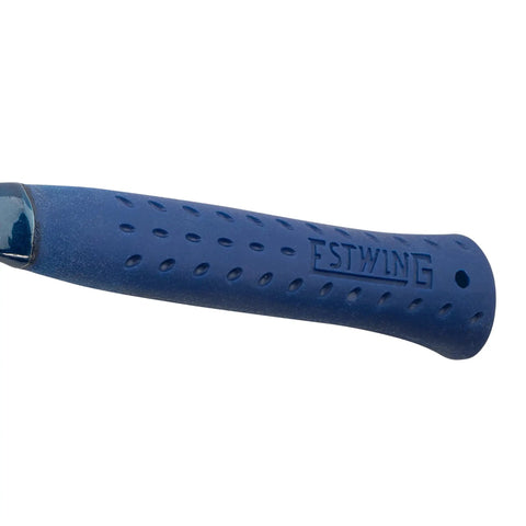 Close-up of blue shock reduction grip on Hammertooth Hammer 22 oz USA Made Straight Rip Claw Hammer With Milled Face.