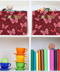 Collapsible Canvas Storage Basket With Waterproof Interior And Sturdy Handles For Bedroom Closet Organization, holding toys against a shelf.