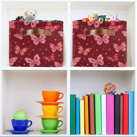 Collapsible Canvas Storage Basket With Waterproof Interior And Sturdy Handles For Bedroom Closet Organization, holding toys against a shelf.
