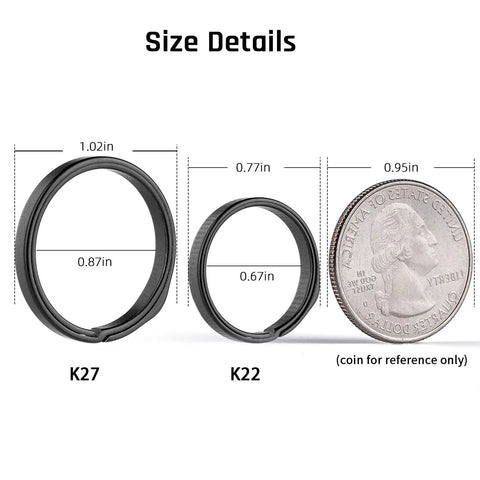 Heavy Duty Titanium Key Ring Set With Side Push Design For Easy One Hand Access Split Keyring And Carabiner Keychains For Car Keys Everyday Carry Ready Dog Tags And Essentials Black Finish K27x2 with size comparison to US quarter
